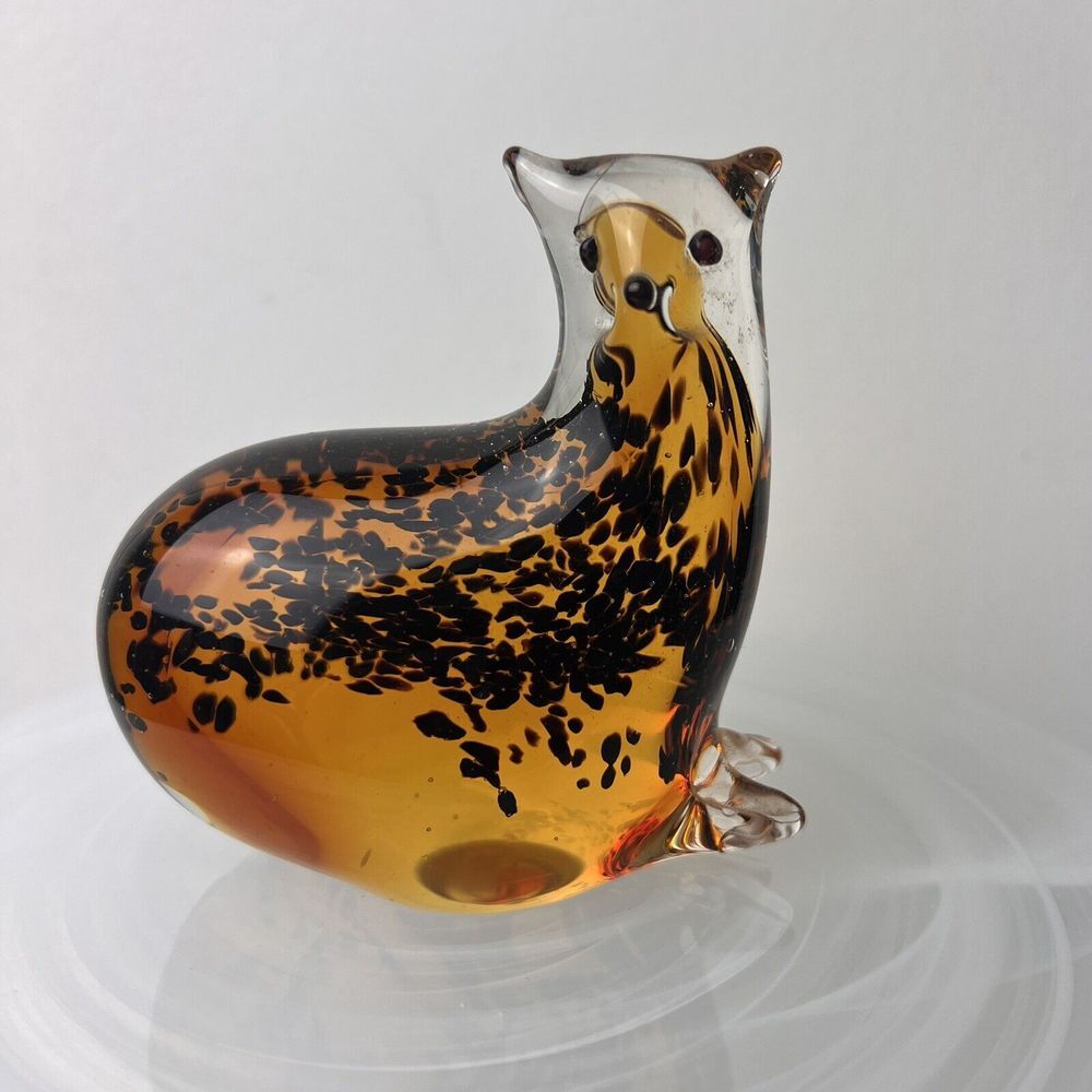 Vintage Seal Paperweight Glass Amber with Brown Inlay Design Murano Style